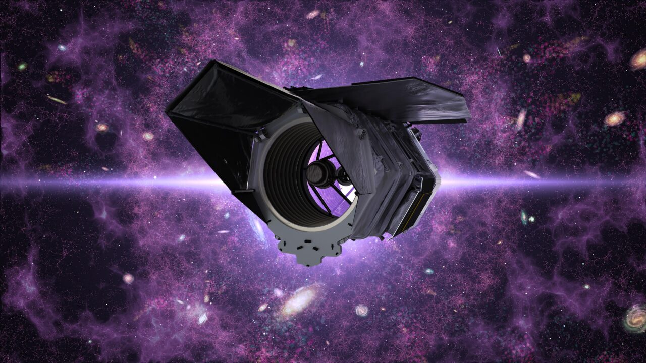 An illustration of a black satellite floats in space. It has an open circular center. The background is a cloud of vivid purple  with pink dendritic connections, all over blackness. Galaxies and stars are sprinkled across the background.