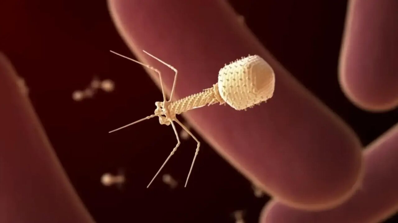 Close up illustration of a virus with a geometric head, long tail and four thin leg-like structures, positioned in front of a large pink rod-shaped bacteria.