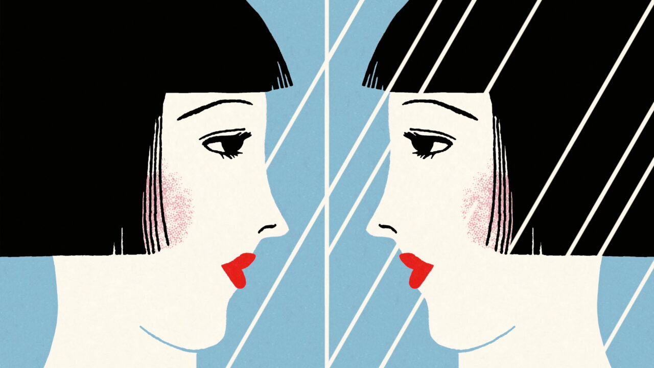 Digital illustration of a woman looking at herself in the mirror.