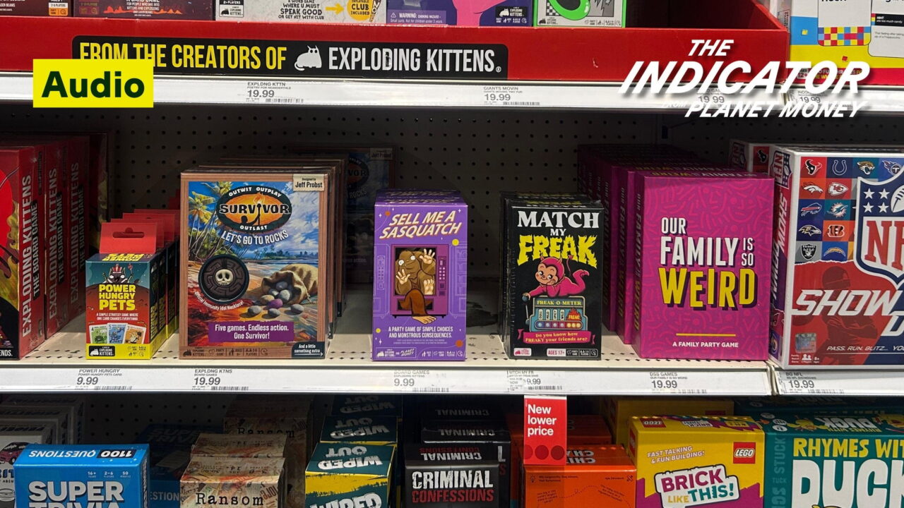 Planet Money and Exploding Kitten's "Sell Me A Sasquatch" game on a Target shelf.