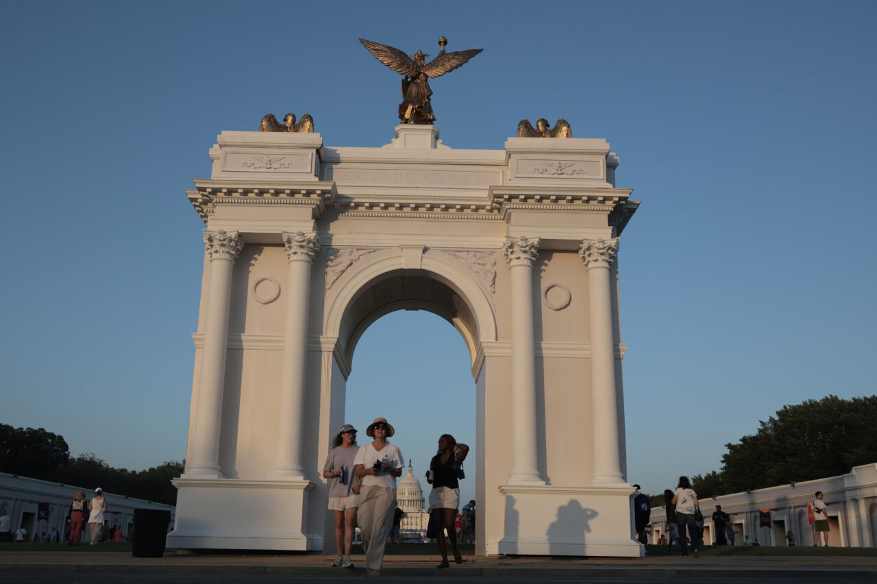 A replica of President Trump's planned arch stood at the Great American State Fair in July.