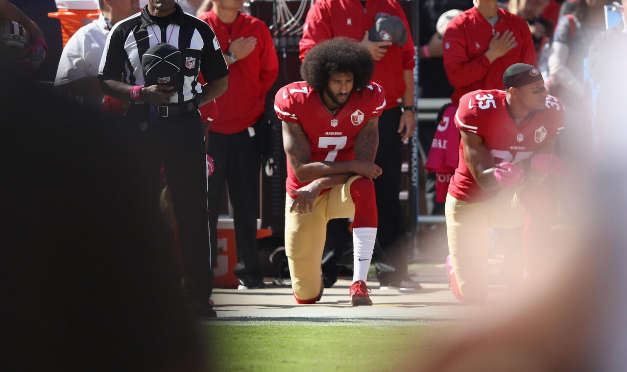 Colin Kaepernick kneels for the National Anthem before the San Francisco 49ers game against the Tampa Bay Buccaneers on Oct. 23, 2016.