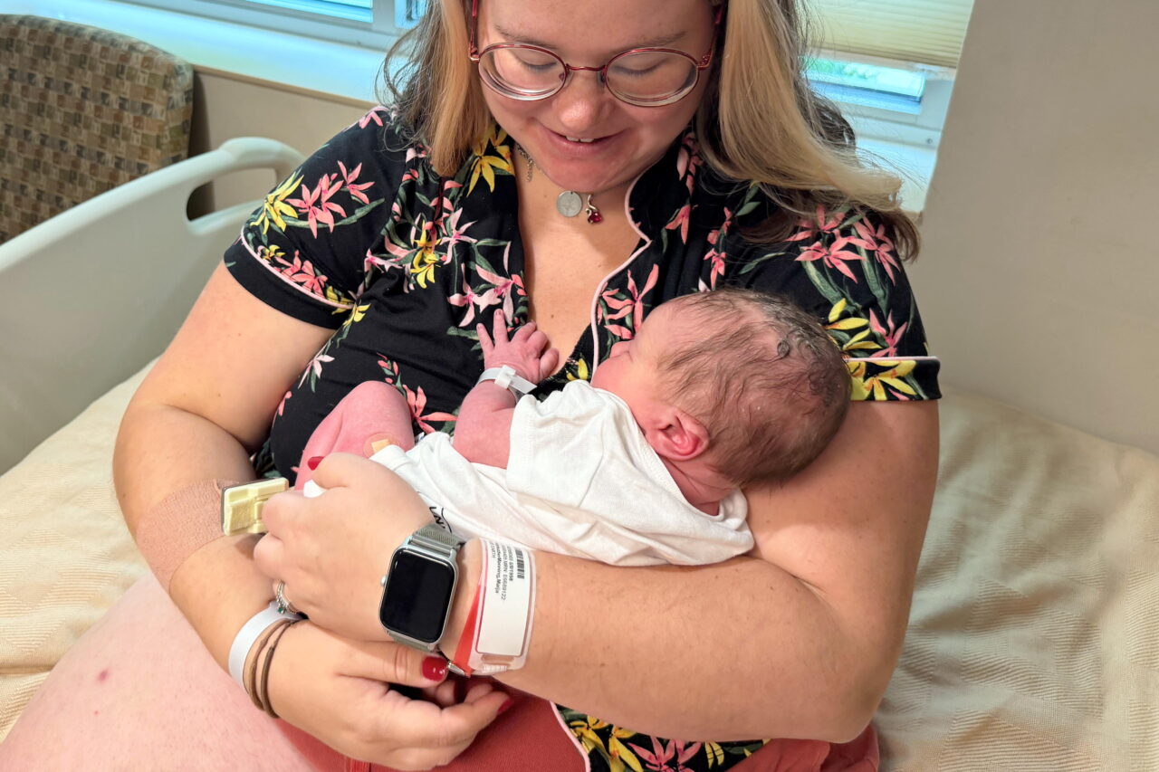 Maija Whitefeather-Manning, 28, cuddles her newborn baby Corvus in their recovery room at United Hospital District in Blue Earth, Minnesota.