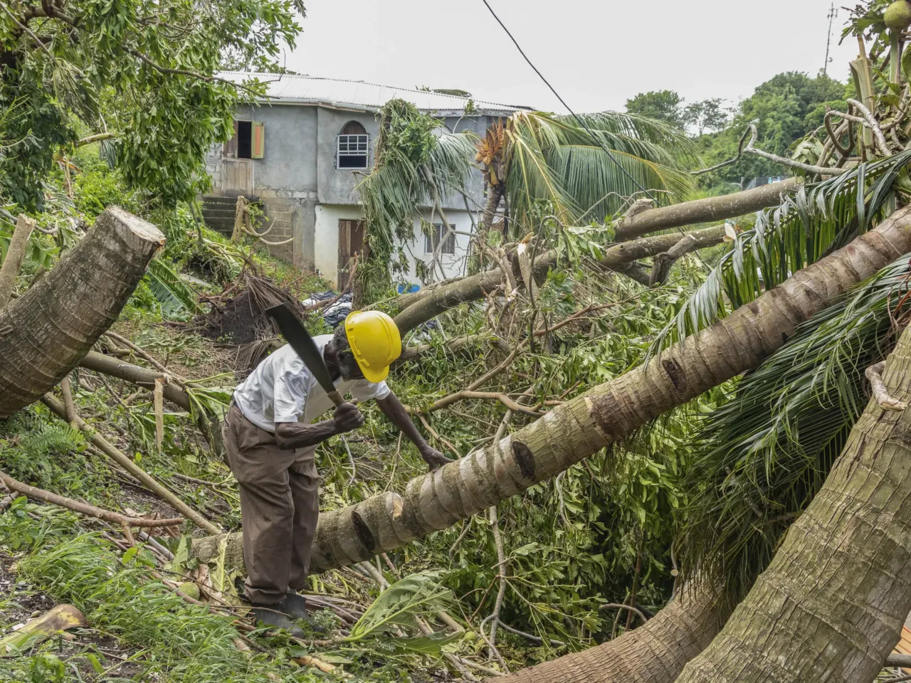 Pastor Winston Alleyne clears trees felled by Hurricane Beryl in Ottley Hall, St. Vincent and the Grenadines, Tuesday, July 2, 2024.