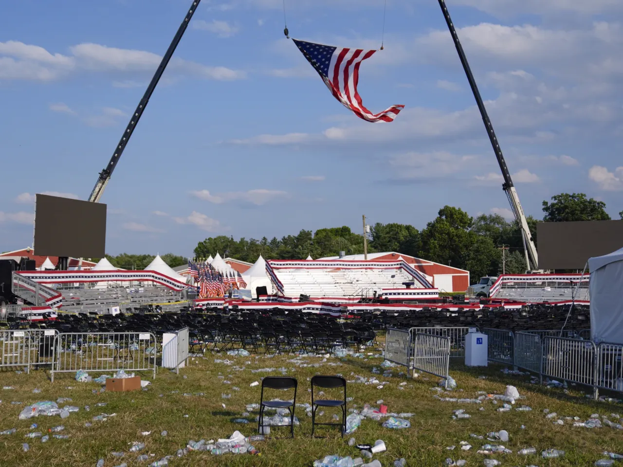 Photos: See how the Trump rally shooting unfolded 14 A campaign rally site for Republican presidential candidate former President Trump is empty and littered with debris.