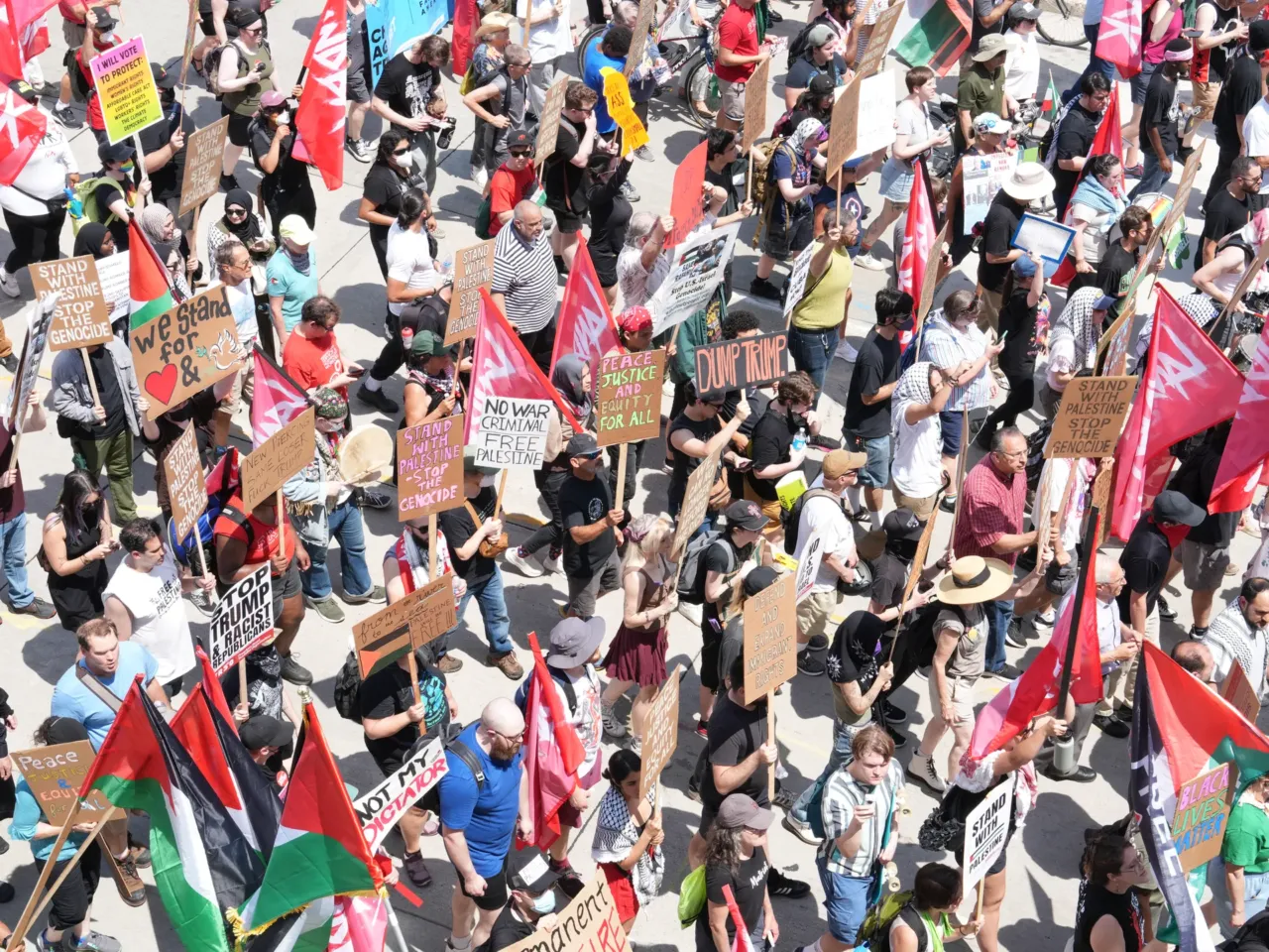 People gathered for the March on RNC during the first day of the 2024 Republican National Convention in Milwaukee, Wisconsin on July 15, 2024.