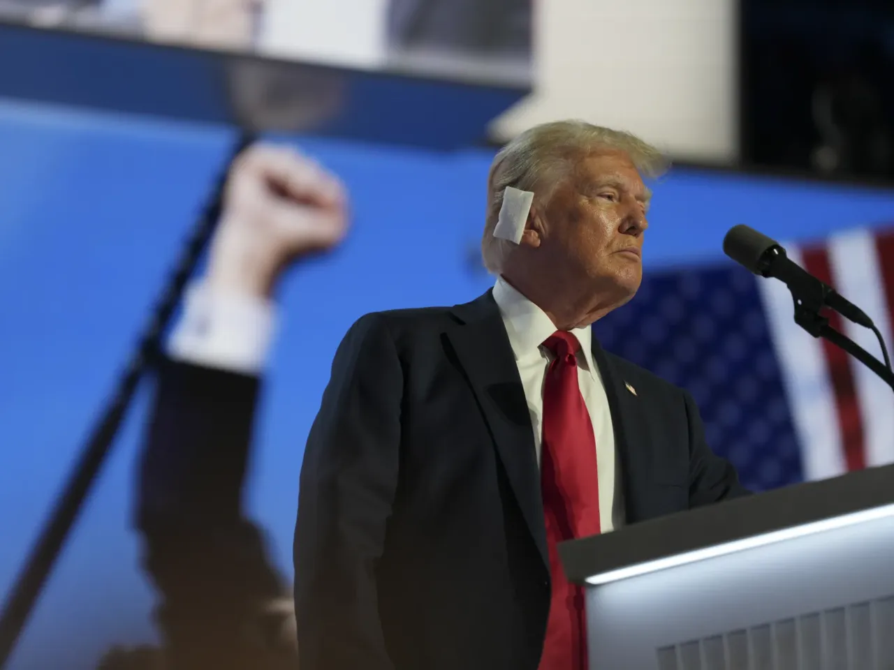 Republican presidential candidate Donald Trump speaks about the attempted assasination during his party's acceptance speech at the RNC.