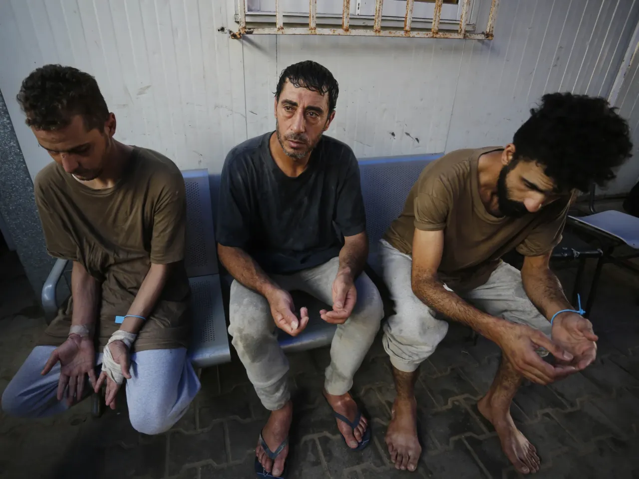 Palestinian detainees after they were released by the Israeli army, in Deir Al Balah, Gaza Strip, on June 20.