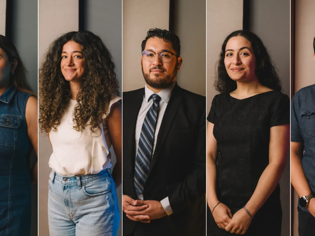 Left to right: Lucero Lopez, Jasmine Perez Moreno, Josue Rodriguez, Raneem La Roux, and Jossue Ureno pose for a portrait at The Leroy and Lucile Melcher Center for Public Broadcasting on Thursday, Aug. 1, 2024, in Houston.