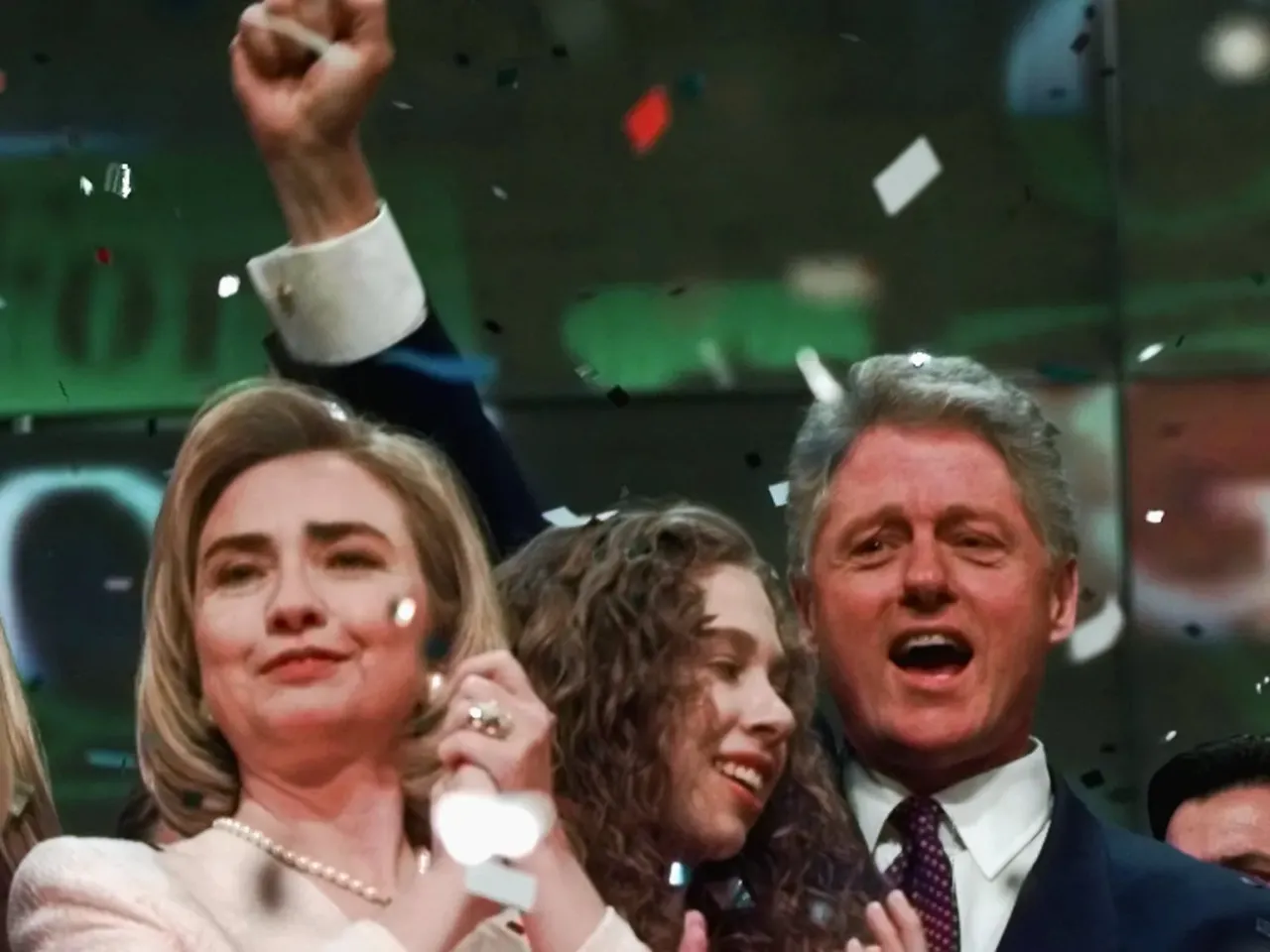 Smoke-filled rooms and pigs for president: Chicago has hosted decades of conventions 5 In this 1996 file photo, President Clinton, first lady Hillary Rodham Clinton and their daughter Chelsea enjoy the festivities on stage at the Democratic National Convention in Chicago's United Center.