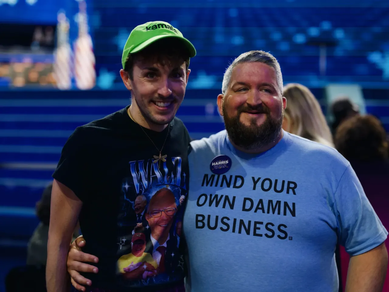 At last week's DNC, even the fashion choices carried political messaging 4 Adam Peters (left) and C.J. Petersen, both delegates from Iowa, wore t-shirts in homage to Minnesota Gov. Tim Walz leading up to his speech on the third night of the DNC.