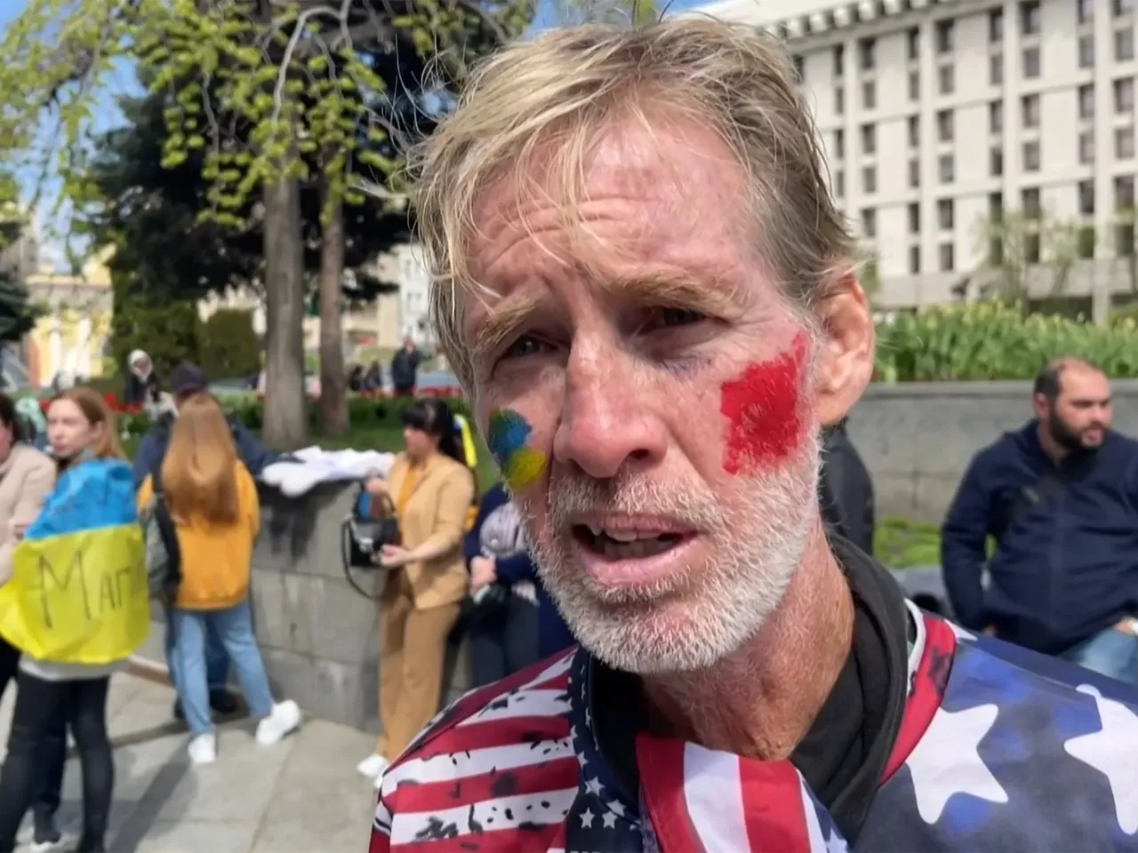 This image taken from a video shows Ryan Routh speaking during an interview at a rally in Kyiv, Ukraine on April 27, 2022. Routh has been arrested for an apparent assassination attempt on former President Donald Trump at his West Palm Beach, Fla. golf course on September 15, 2024.