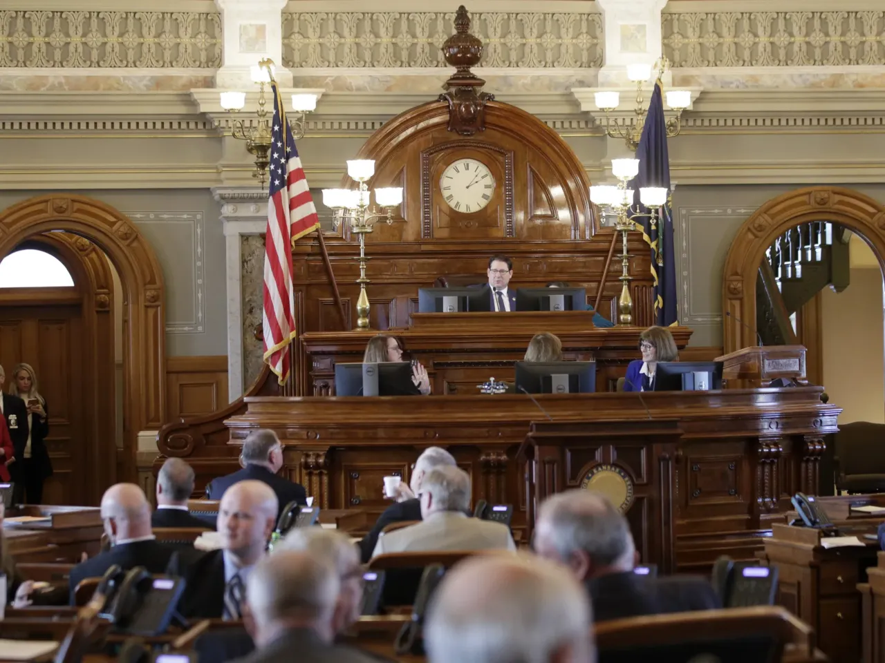 The Kansas Legislature, seen here opening its lawmaking session in January, 2020, is one of 20 states where Republicans have a "supermajority" that allows them to override vetoes by the governor. Kansas Democrats hope to break the supermajority in the November election.