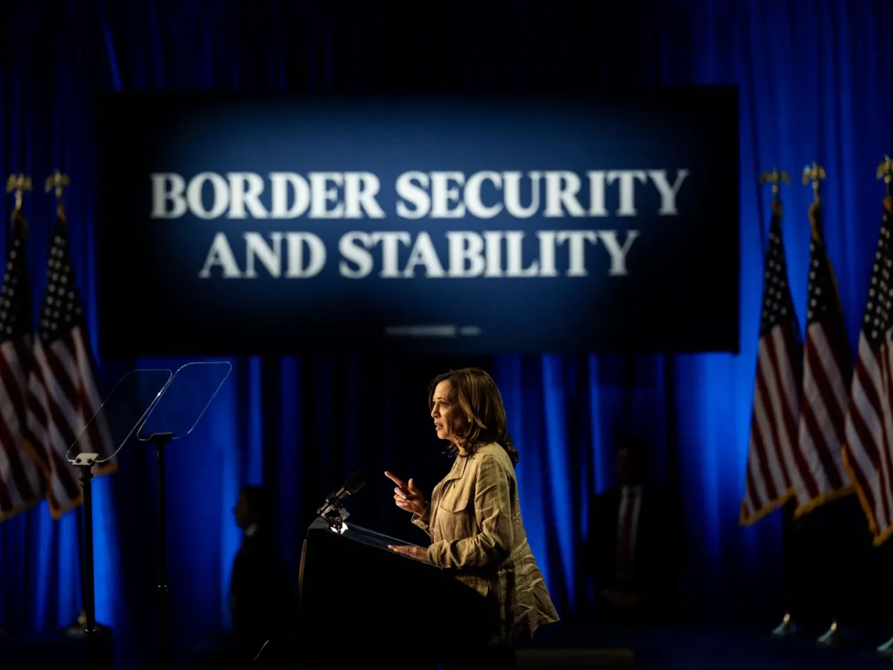 DOUGLAS, ARIZONA: Democratic Presidential nominee for President Vice President Kamala Harris speaks about border security and immigration issues with Arizonans during a campaign event at the Cochise College Douglas Campus in Douglas, Arizona  on Friday September 27, 2024. (Melina Mara/The Washington Post via Getty Images)