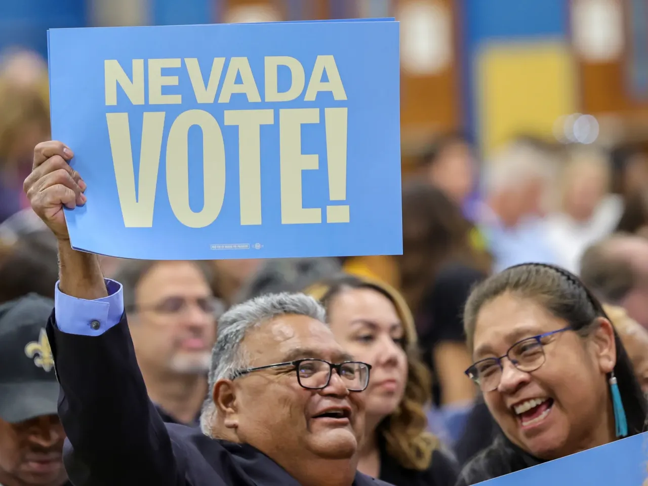 There are a lot of nonpartisan voters in Nevada, making the swing state hard to read 1 An attendee holds up a sign reading "NEVADA VOTE!" in an overflow area while waiting for former U.S. President Barack Obama to speak at a get-out-the-vote rally as he campaigns for Democratic presidential Vice President Harris in North Las Vegas, Nevada.