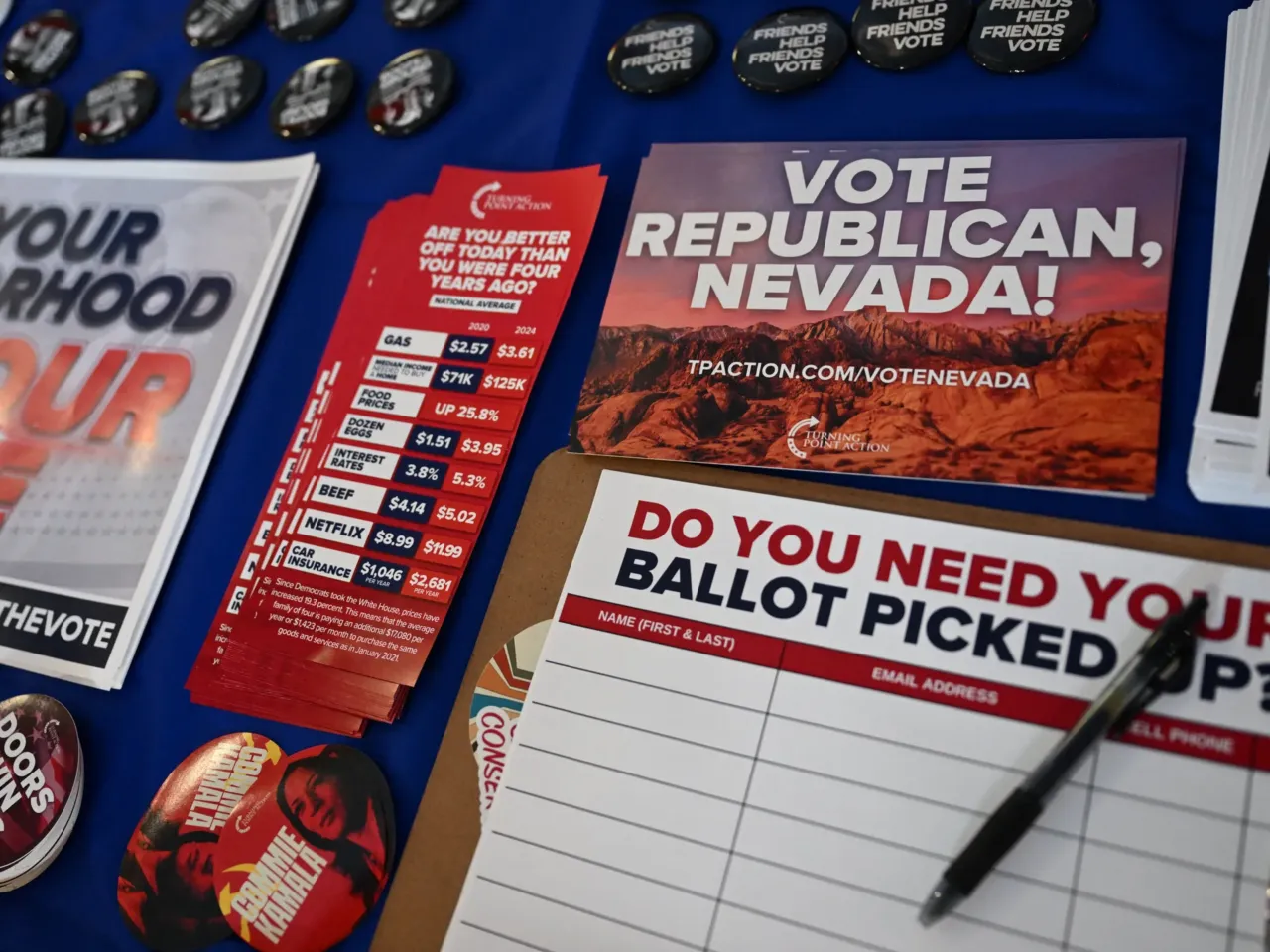 There are a lot of nonpartisan voters in Nevada, making the swing state hard to read 2 Campaign material is seen ahead of a Turning Point Action 'United for Change' campaign rally with former President Donald Trump in Las Vegas on Oct. 24.