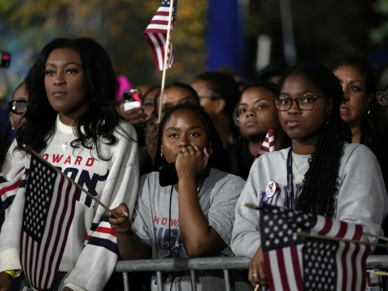 Supporters watch as results come in at an election night campaign watch party for Democratic presidential nominee Vice President Kamala Harris, Tuesday, Nov. 5, 2024, on the campus of Howard University in Washington.