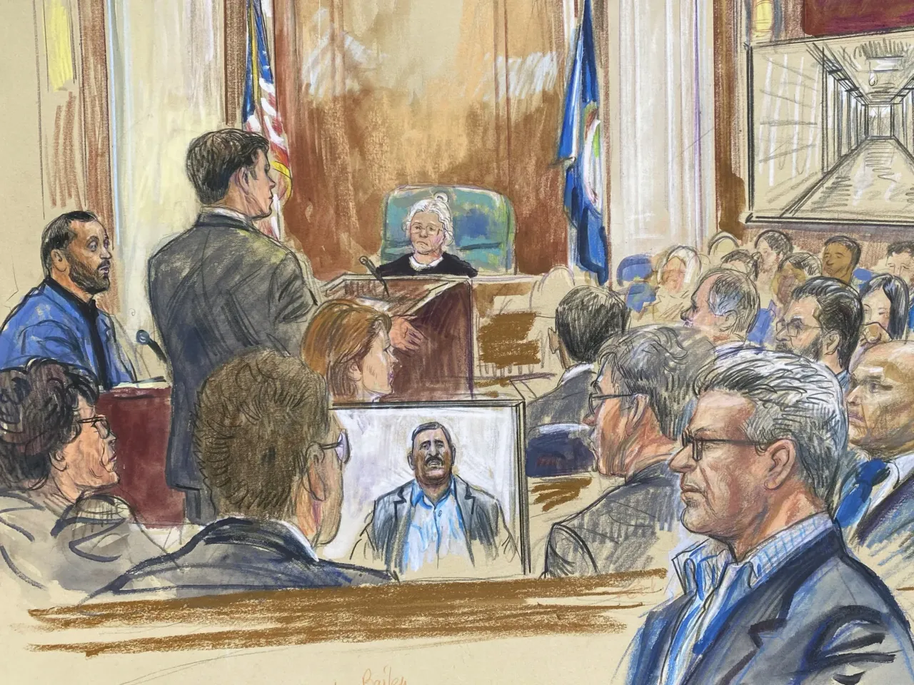 This courtroom sketch depicts a former detainee at Abu Ghraib prison, Salah Al-Ejaili (foreground with glasses), at the trial of CACI, a Virginia-based military contractor who is accused of contributing to the abuse and torture of detainees at Abu Ghraib, in U.S. District Court in Alexandria, Va., on April 16. (Dana Verkouteren via AP, File)