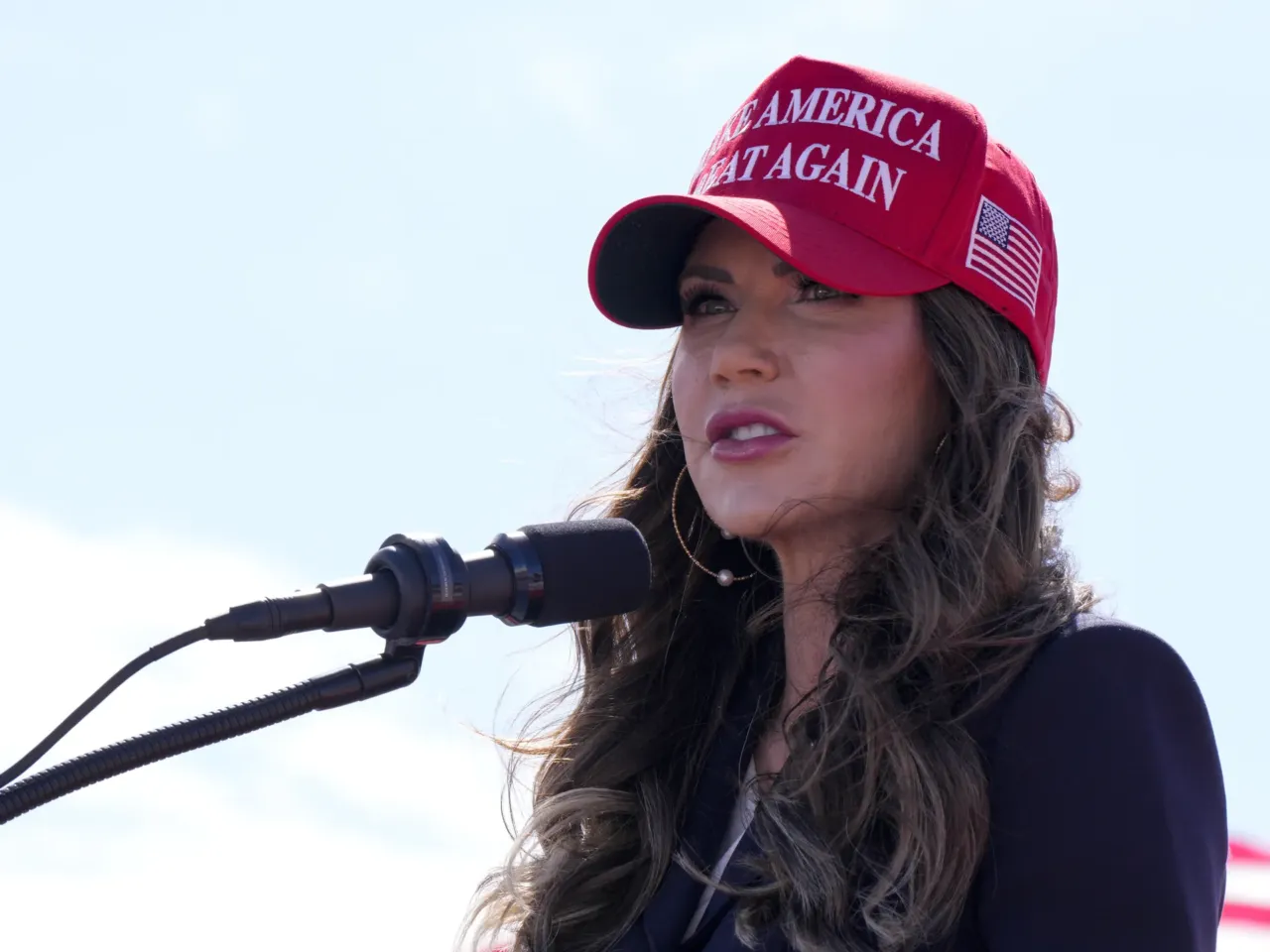 South Dakota Gov. Kristi Noem speaks prior to remarks from then-Republican presidential candidate Donald Trump at a campaign rally March 16 in Vandalia, Ohio.