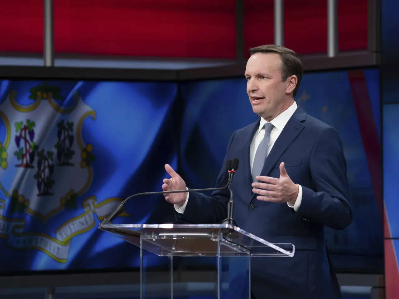 Democratic Sen. Chris Murphy speaks during a debate on Wednesday, Oct. 30, 2024, in New Haven, Conn.