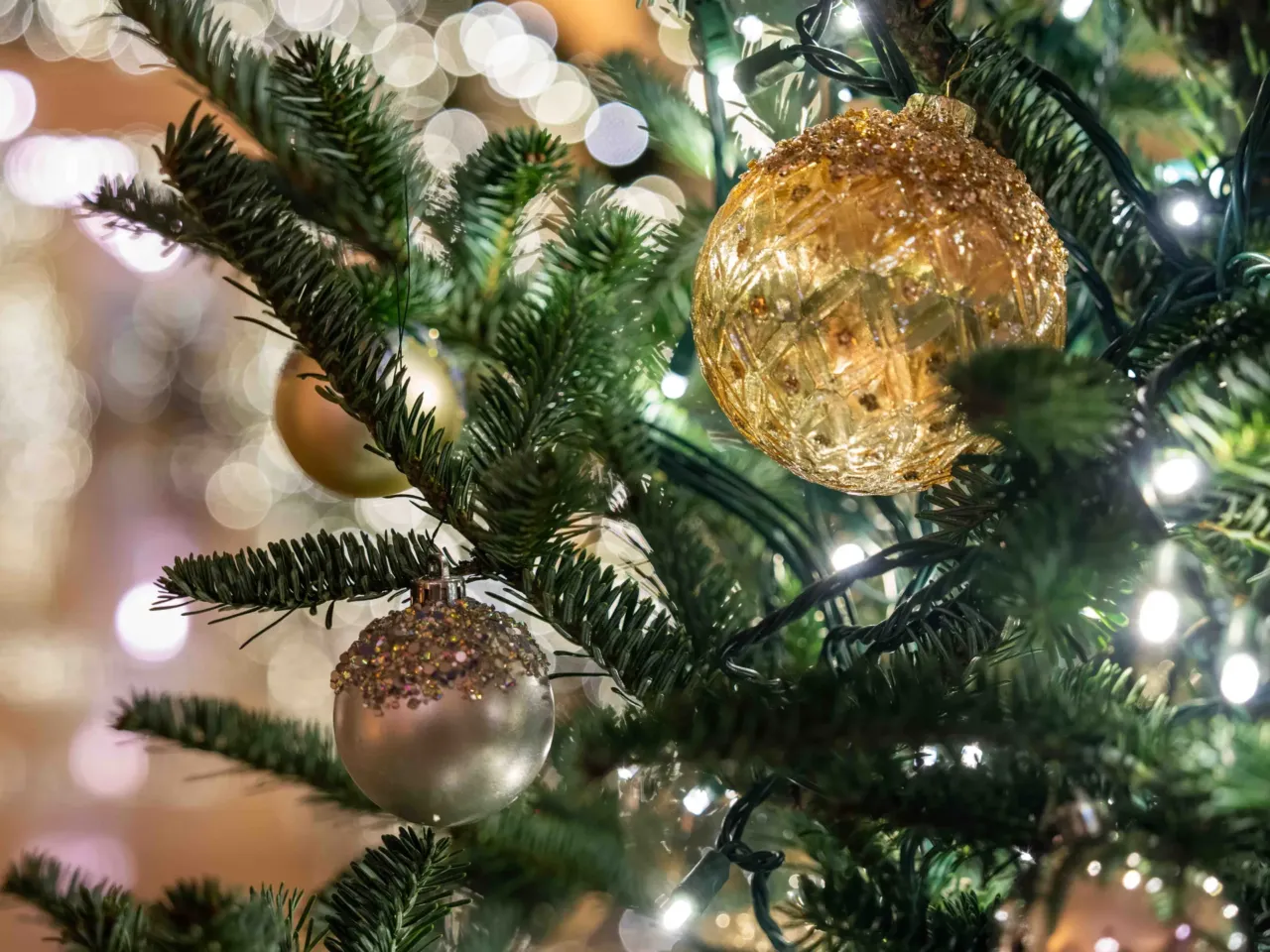 Ornaments on a tree in the East Colonnade of the White House.