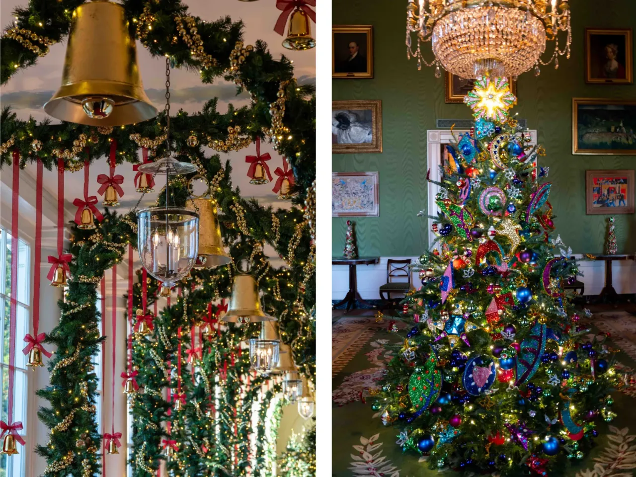 The East Colonnade (left) and the Green Room (right) in the White House are decorated for the holidays.