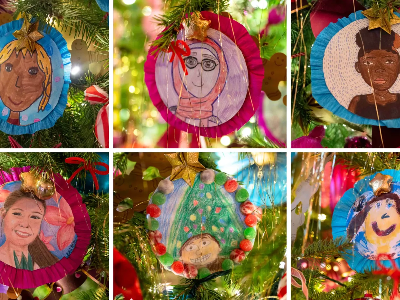In the State Dining Room, a tree is decorated with self-portraits of students from across the country.