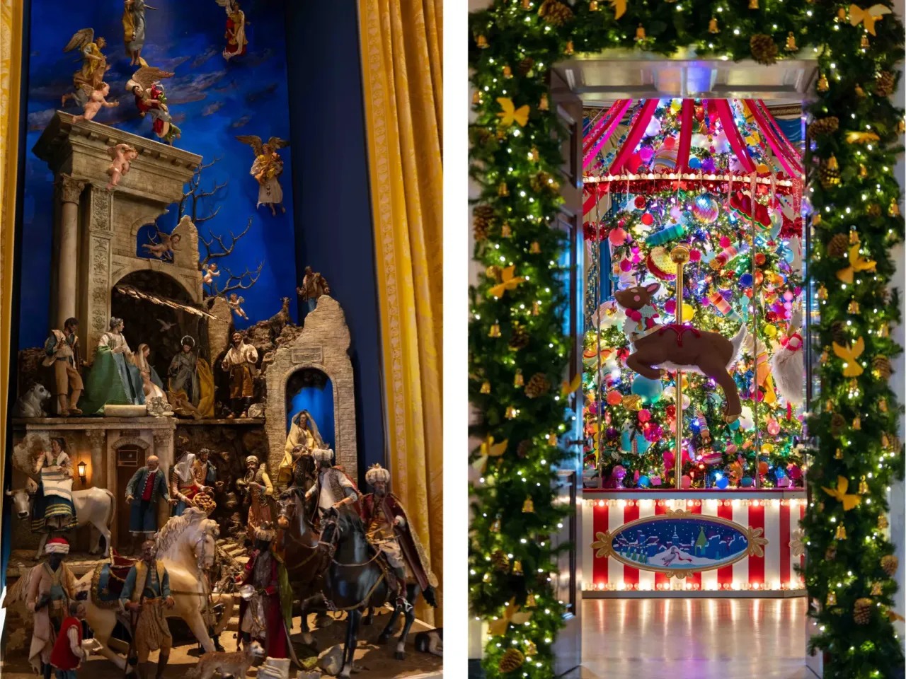 A Nativity scene (left) and a carousel (right) are displayed in the White House for the holidays.