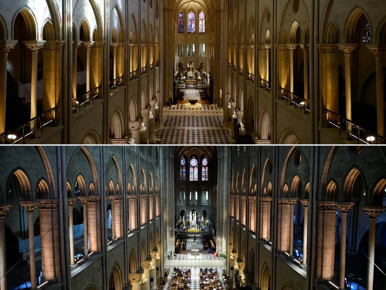 This combination of pictures shows the nave of Notre Dame Cathedral in Paris on Nov. 29, 2024 (top) and on June 28, 2017 (bottom).