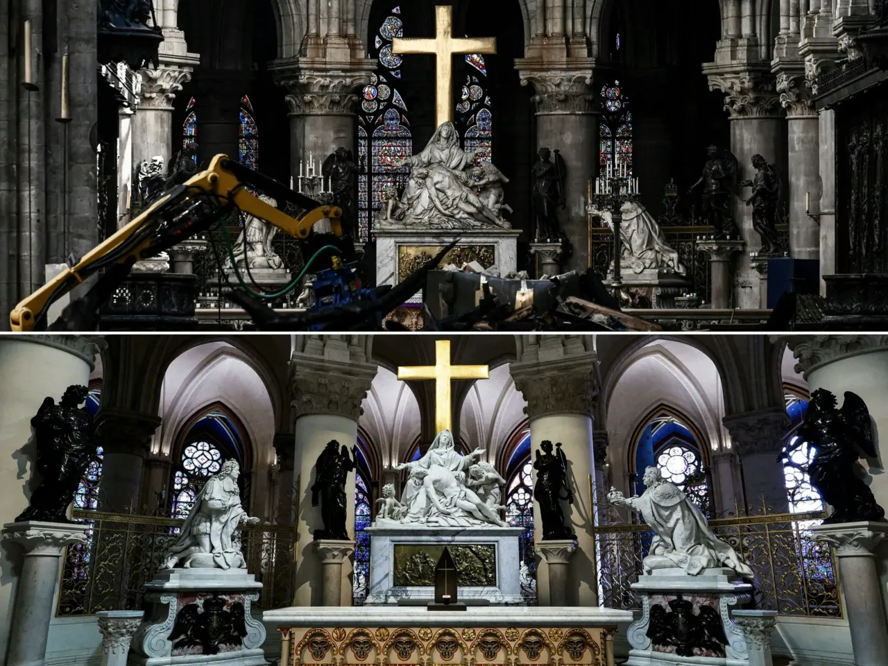 This combination of pictures shows rubble and the cross at the altar inside the Notre Dame Cathedral in Paris a month after it sustained major fire, on May 15, 2019 (top), and the tabernacle designed by French artist and designer Guillaume Bardet on Nov. 29, 2024.