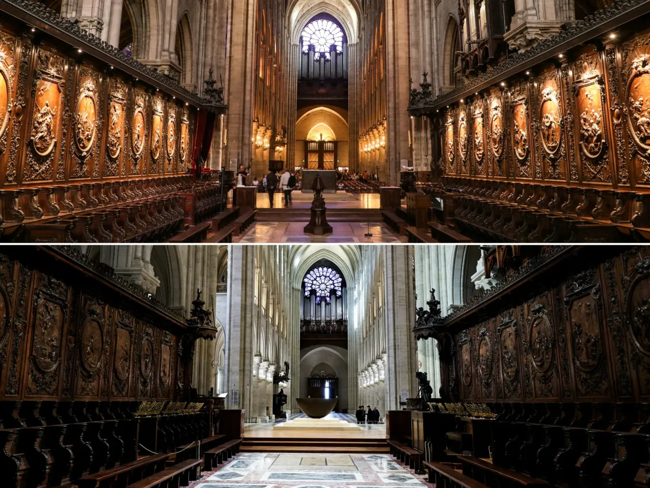 The choir stalls of Notre Dame on June 26, 2018 (top) and on Nov. 29, 2024 (bottom).
