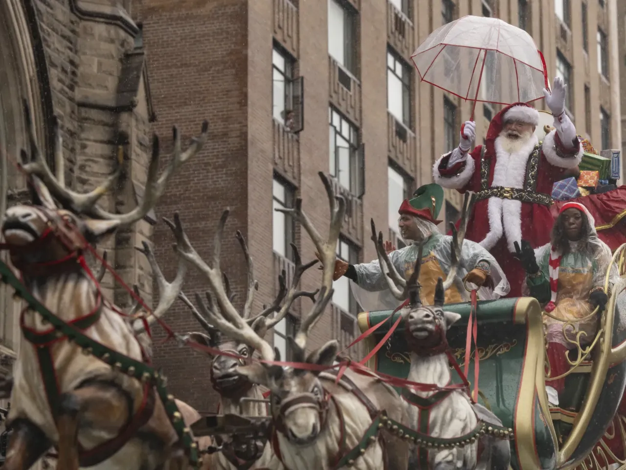 Santa Claus is seen along Central Park West during the Macy's Thanksgiving Day parade, Thursday, Nov. 28 2024, in New York.