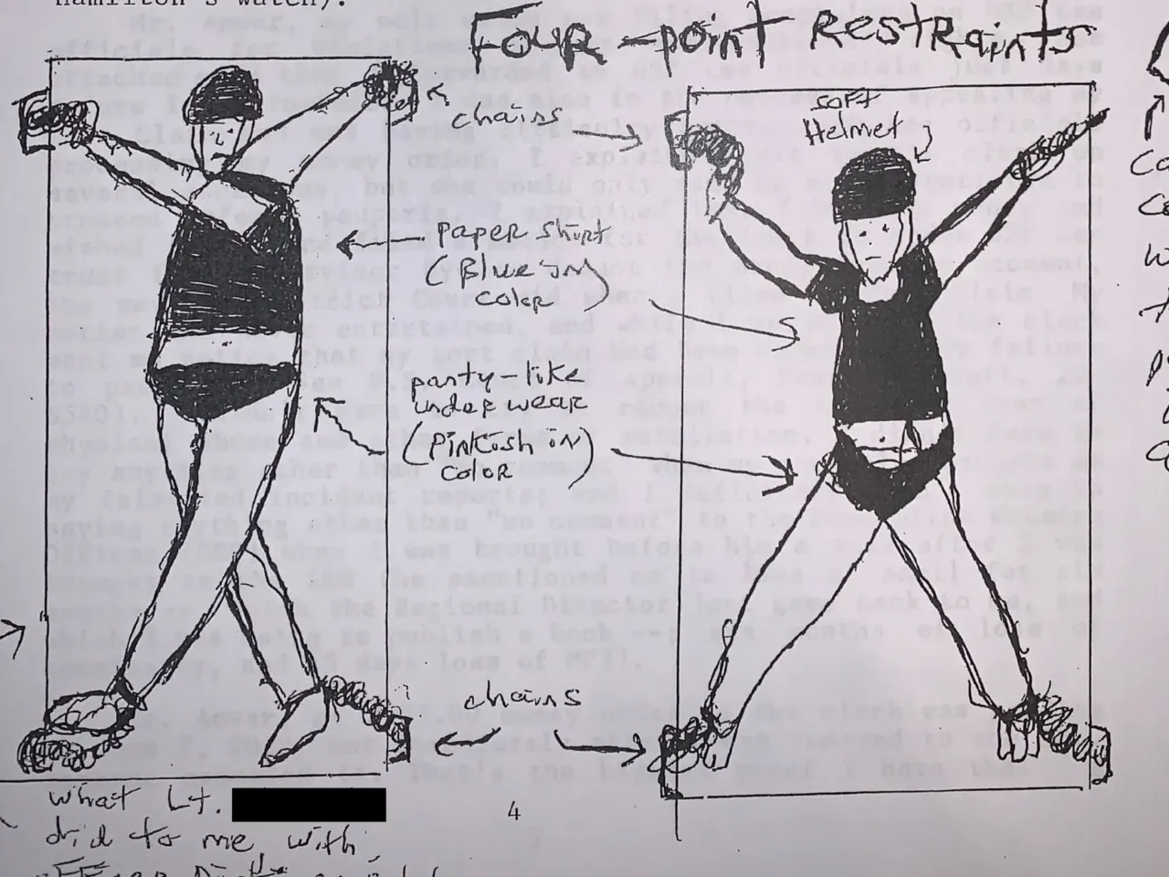 A sketch provided by Marcos Santiago depicting the way he said he was held in four-point restraints for over 10 hours in 2022. It was his first time being held in such restraints after over 20 years in prison, he said.