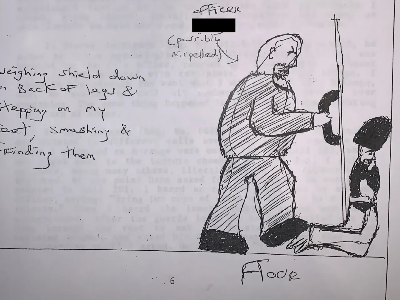 A drawing provided by Santiago depicts how he said officers assaulted him while he was shackled at the wrists, waist, and ankles in the Special Housing Unit of USP Lee.