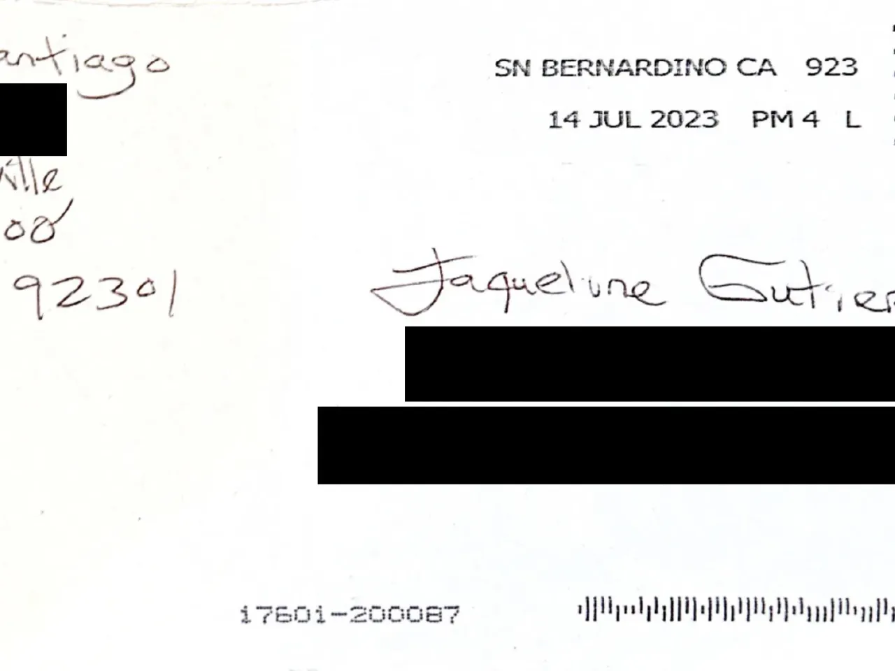 An envelope of a letter from Santiago to his sister, Jackie Gutierrez, after he was transferred out of Lee.