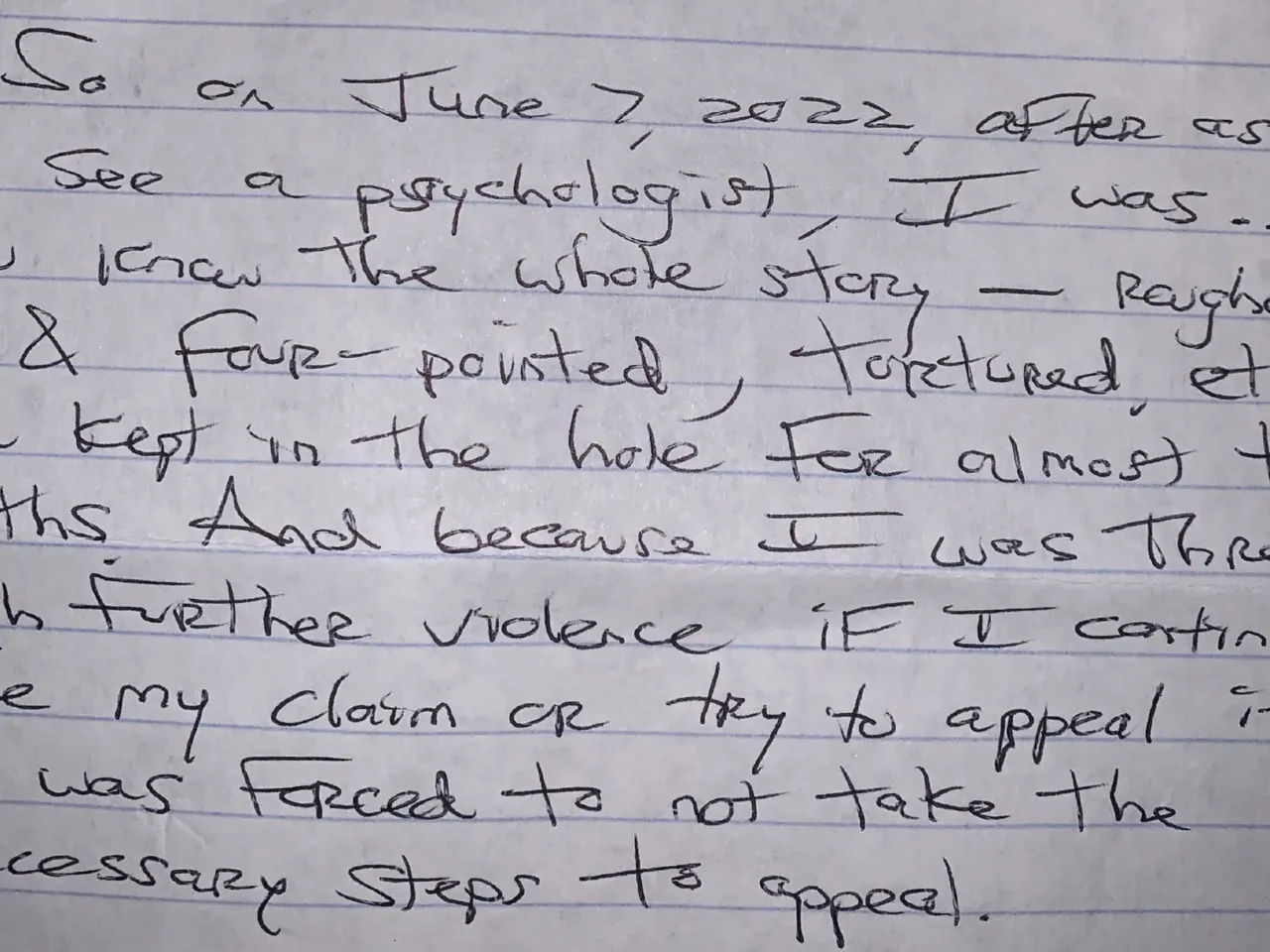 A handwritten letter from Marcos Santiago to his sister about his experience at USP Lee.