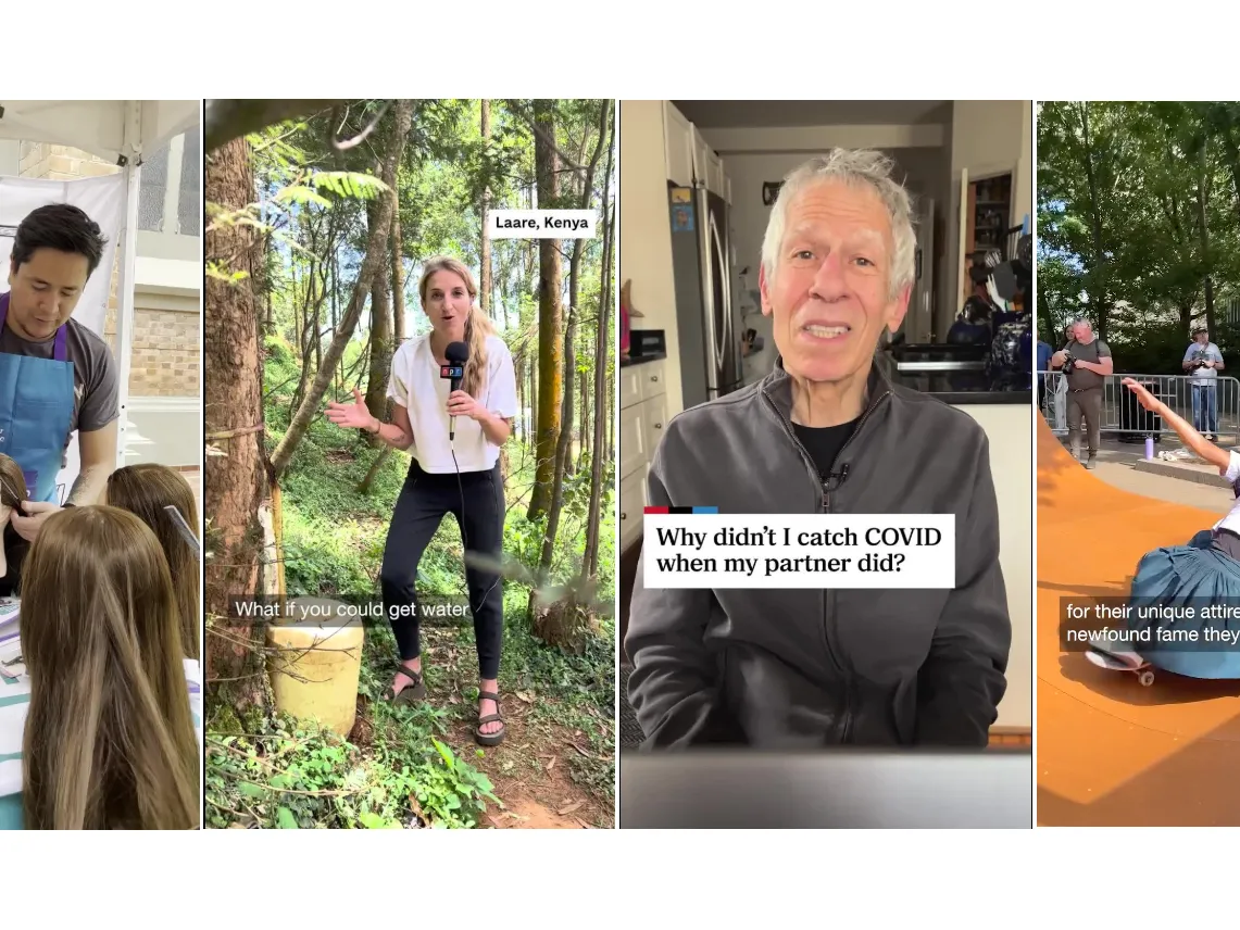 Scenes from popular Instagram posts from Goats and Soda: from left: a school for somewhat clueless men trying to master the art of the ponytail, harvesting water from fog in Kenya, COVID commentary (from our editor) and bold Bolivian skateboarders.
