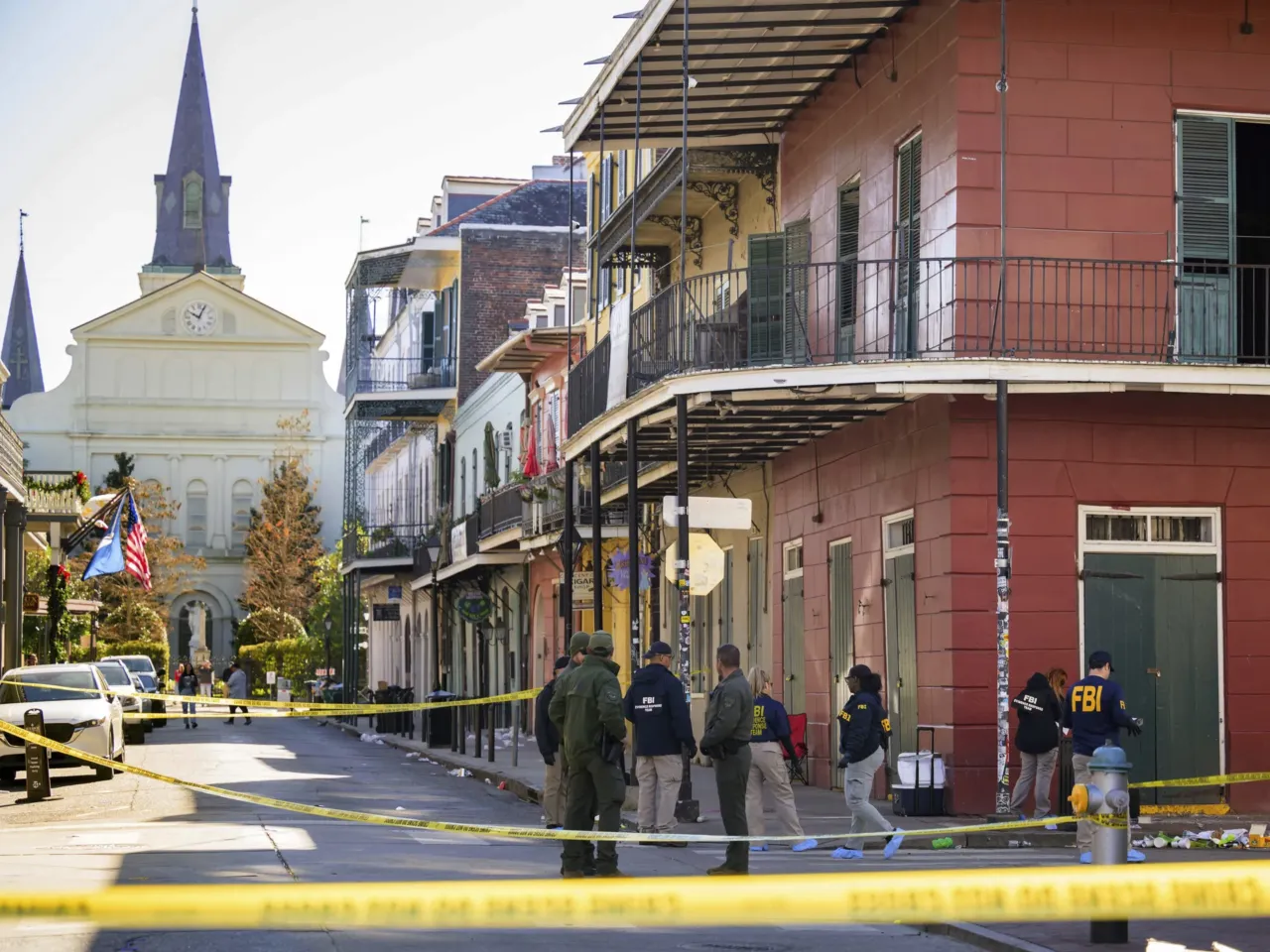 The FBI investigates the area on Orleans Street and Bourbon Street by St. Louis Cathedral in the French Quarter where a suspicious package was detonated after a person drove a truck into a crowd earlier on Bourbon Street on Wednesday, Jan. 1, 2025.