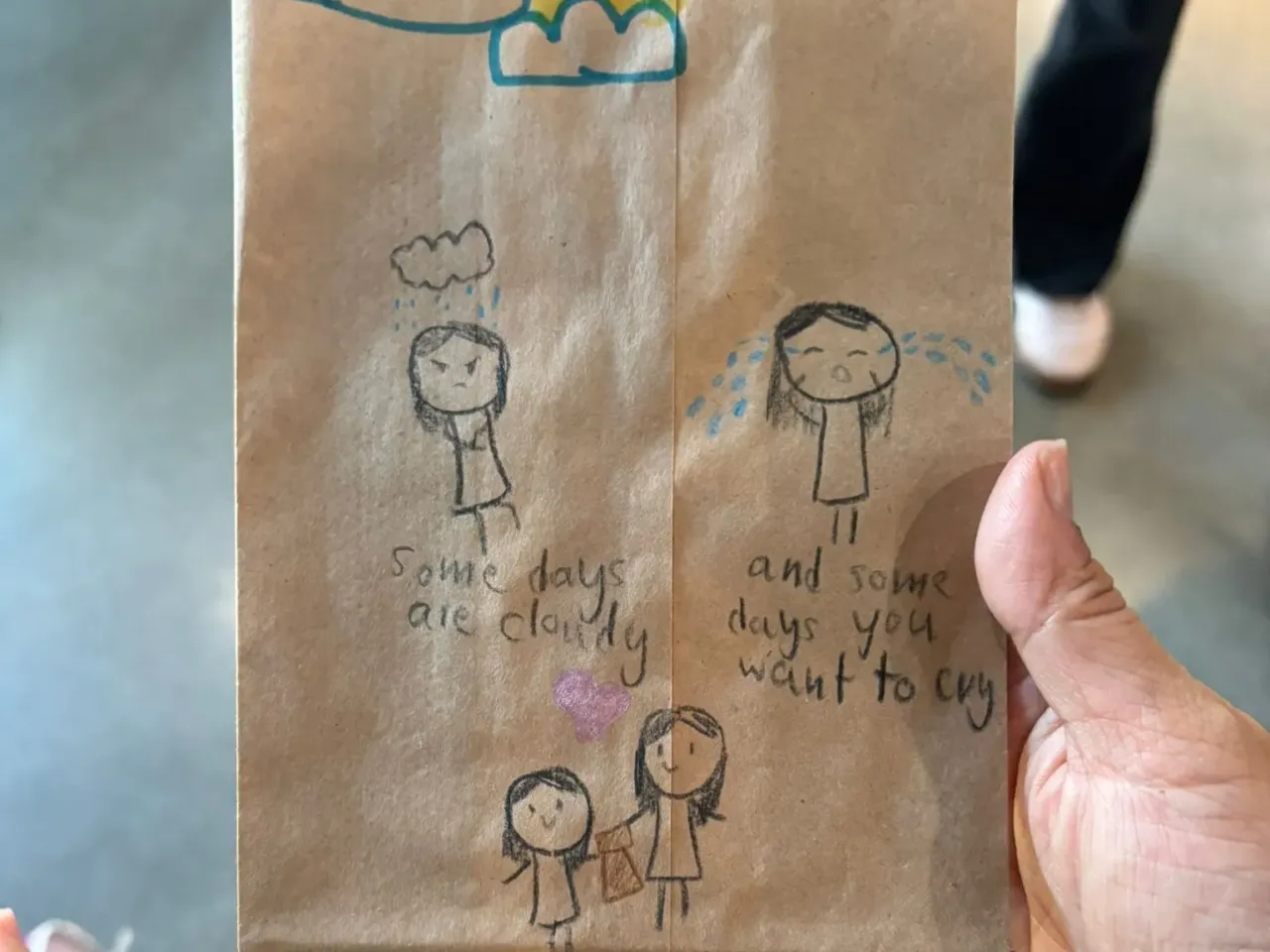 An army of community volunteers springs into action as LA fires rage 3 A child's drawing on brown paper lunch sacks prepared for Covenant House, after the nonprofit requested sandwiches from the LA community to feed the displaced young people it shelters.