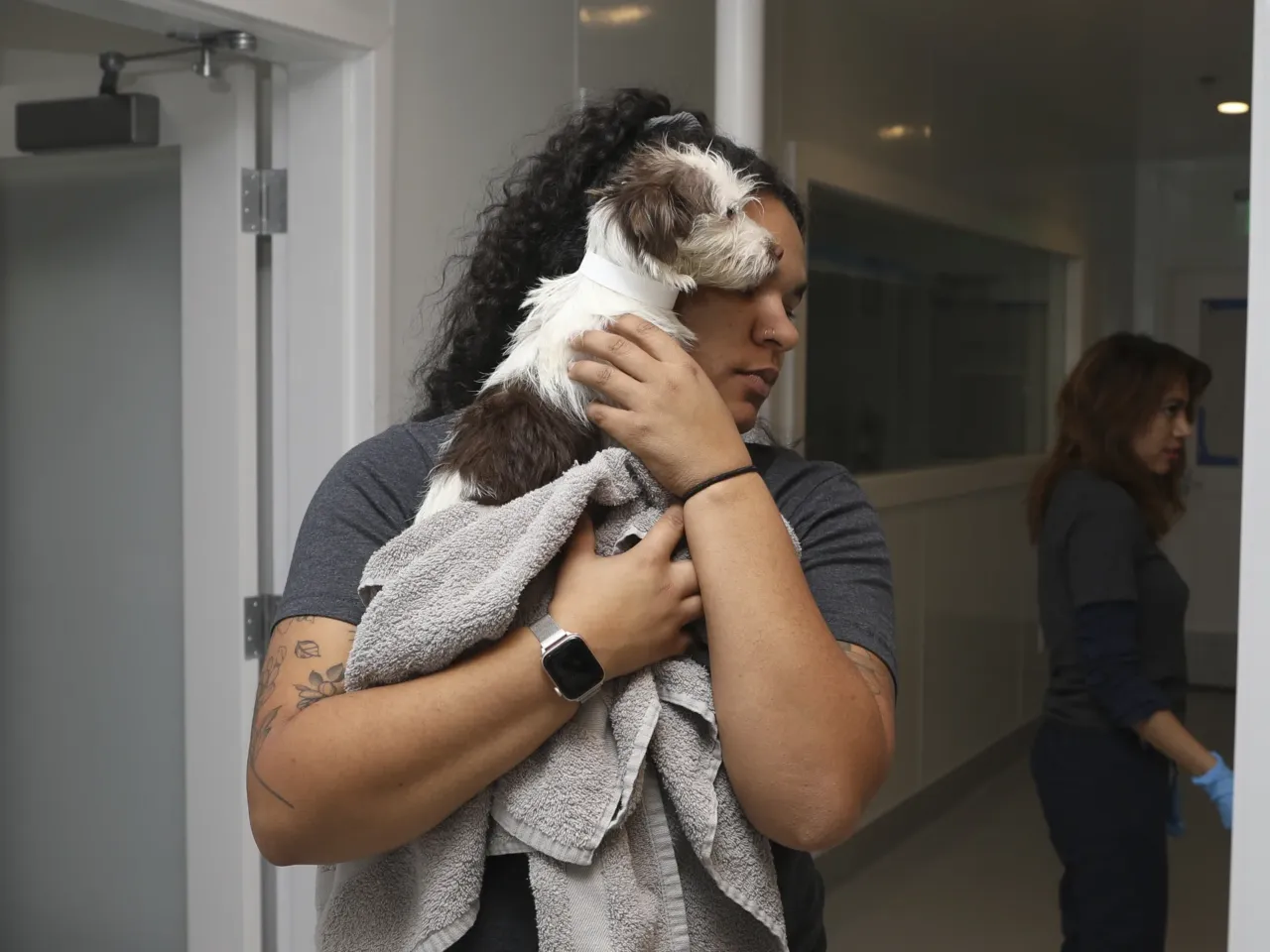 On Jan. 12, Best Friends Animal Society received cats and dogs from Pasadena Humane. Employees and volunteers spent the day intaking animals and donated supplies in an effort.  Here, Best Friends' Nina Lewis holds a dog before its medical examination.