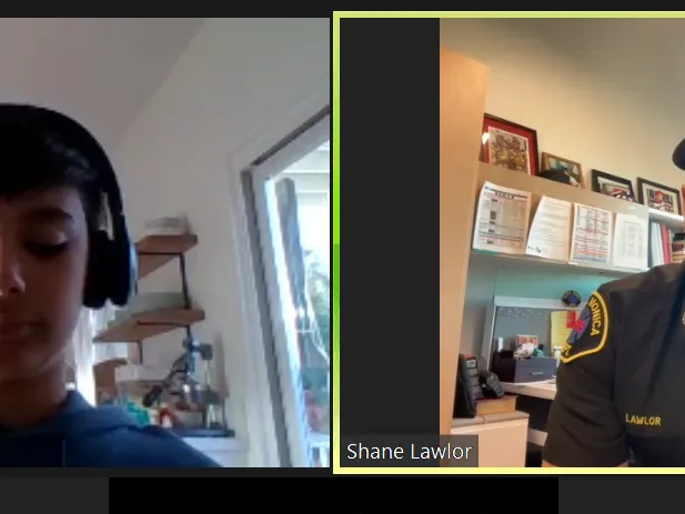 A California fifth grader interviews his firefighter father 2 Screengrab from the video chat between Cian and his father.