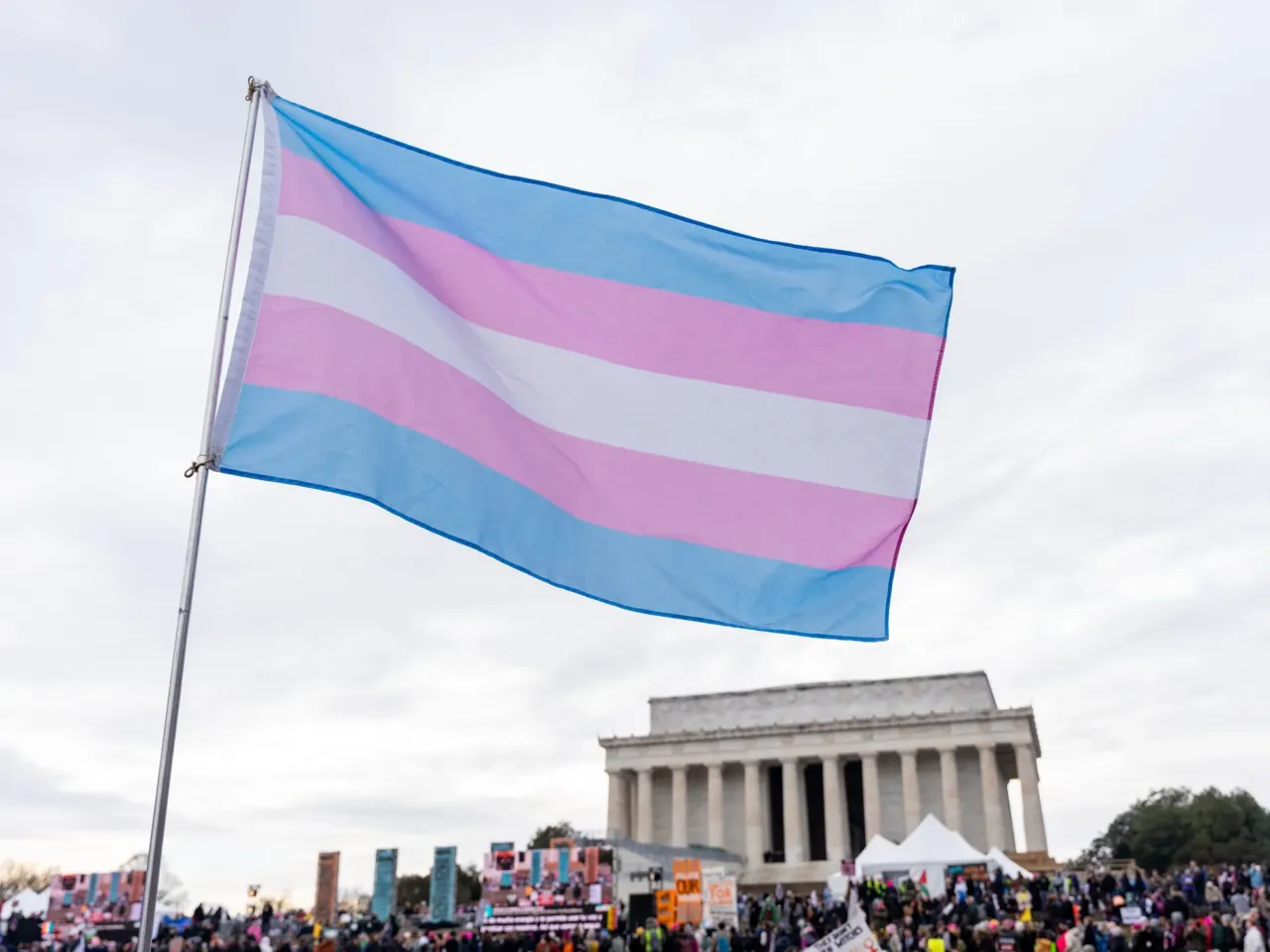A transgender pride flag is waved during the People's March and rally to the Lincoln Memorial in Washington, D.C., on Jan. 18.