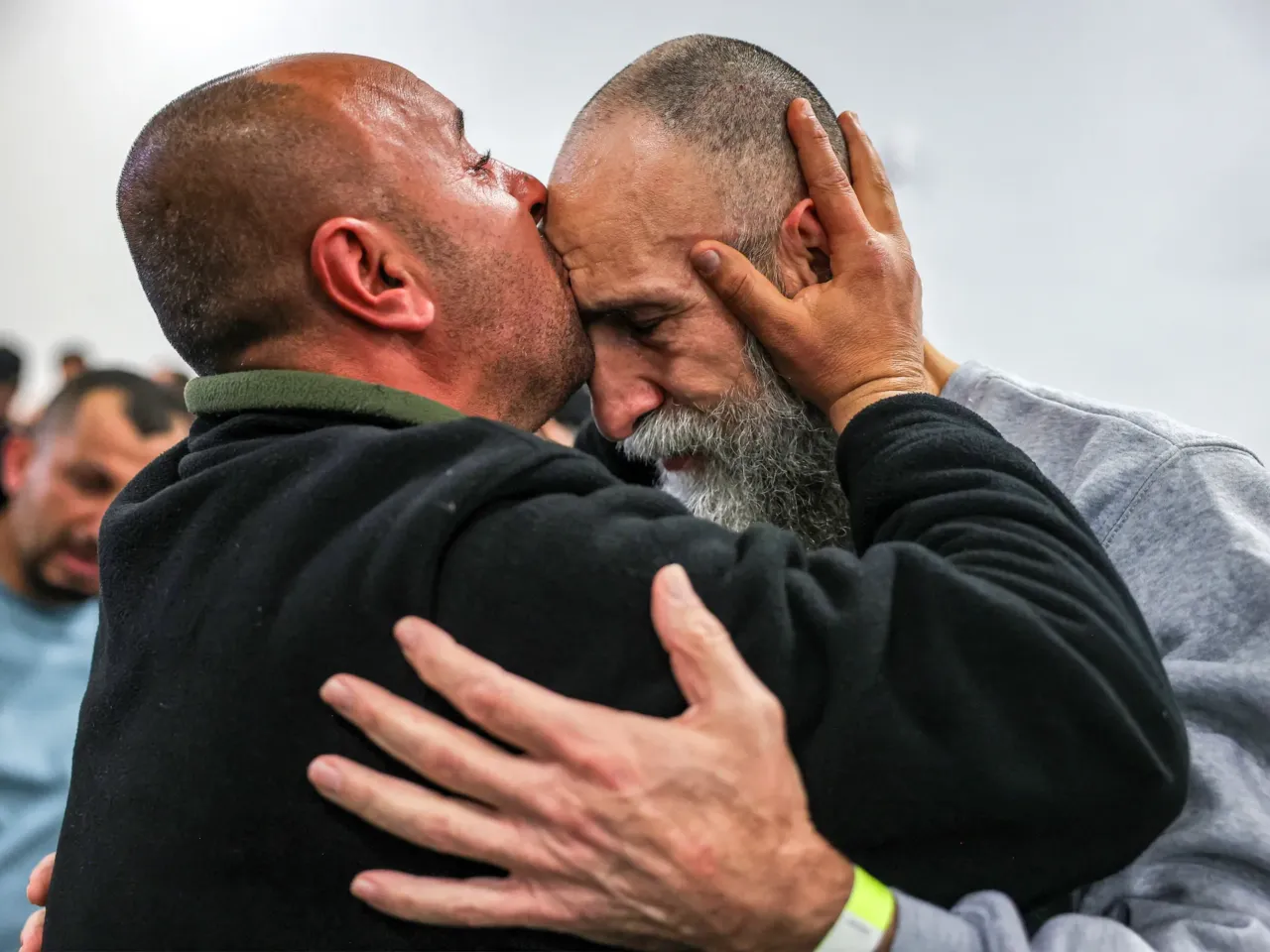 Hamas releases 4 more hostages as part of ceasefire agreement with Israel 3 Raed Al-Saadi, a 56-year-old Palestinian former prisoner from Silat al-Harithiya who spent 36 years in prison, embraces a man upon arriving in Ramallah in the occupied West Bank by the International Committee of the Red Cross (ICRC) on Jan.25, 2025.
