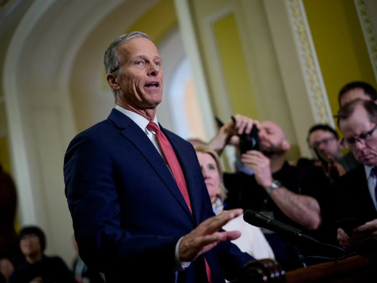 GOP senators fact check Trump's Ukraine rhetoric, while still backing his strategy 2 Senate Majority Leader John Thune, R-S.D., speaks to reporters at the U.S. Capitol on Wednesday. Thune spoke about the war in Ukraine, saying it was worth giving both sides "some space" to sort out their issues.