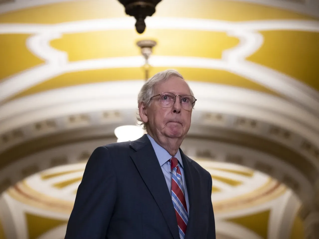 Sen. Mitch McConnell, R-Ky., arrives to a news conference on Capital Hill on July 26, 2023. McConnell announced Thursday that he will not seek reelection in 2026.