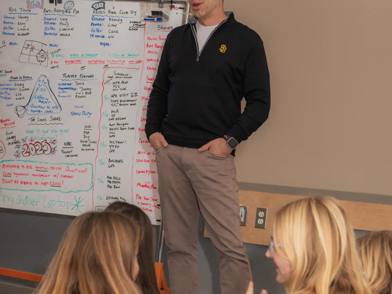 How many fourth-graders does it take to make a podcast? Here's what we learned 2 Andrew Luria, parent, MagTV director and evening news anchor, talks to the 10- and 11-year-old journalists at the start of their morning meeting.