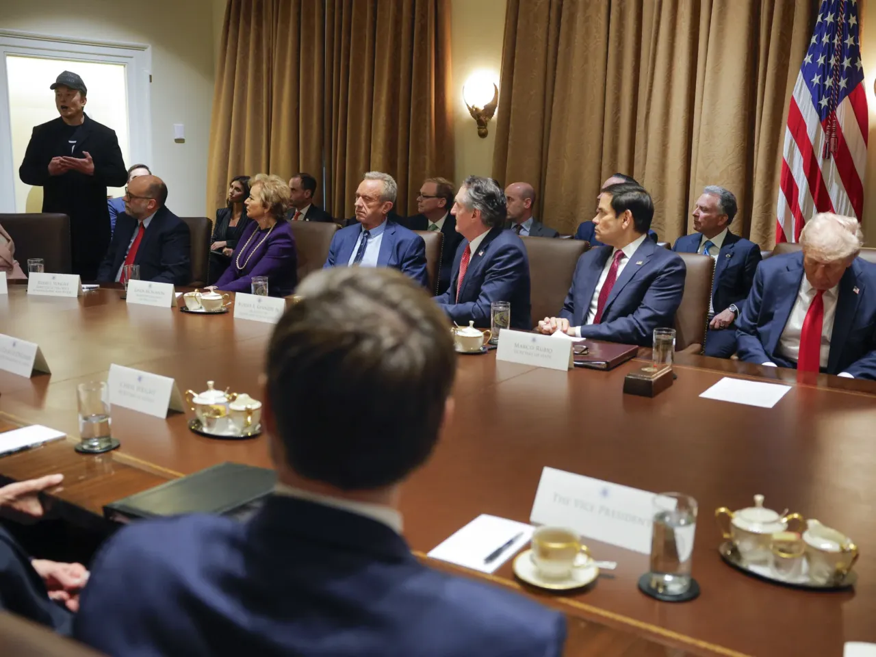 Elon Musk speaks as President Donald Trump holds a Cabinet meeting at the White House in Washington, Tuesday, Feb. 26, 2025.