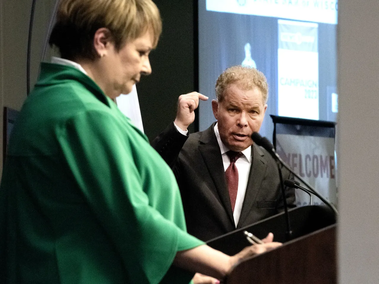 Then-Judge Janet Protasiewicz and former Justice Dan Kelly debate March 21, 2023, at the State Bar Center in Madison, Wis.