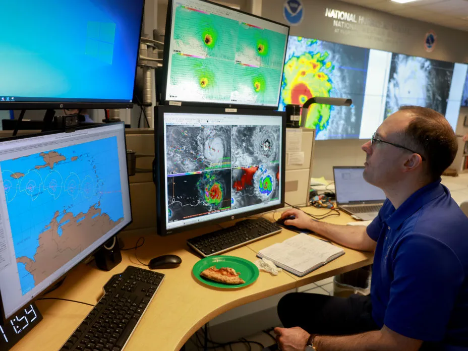 Brad Reinhart, senior hurricane specialist at the National Hurricane Center, tracks Hurricane Beryl, the first hurricane of the 2024 season, at the National Hurricane Center on July 01, 2024, in Miami.