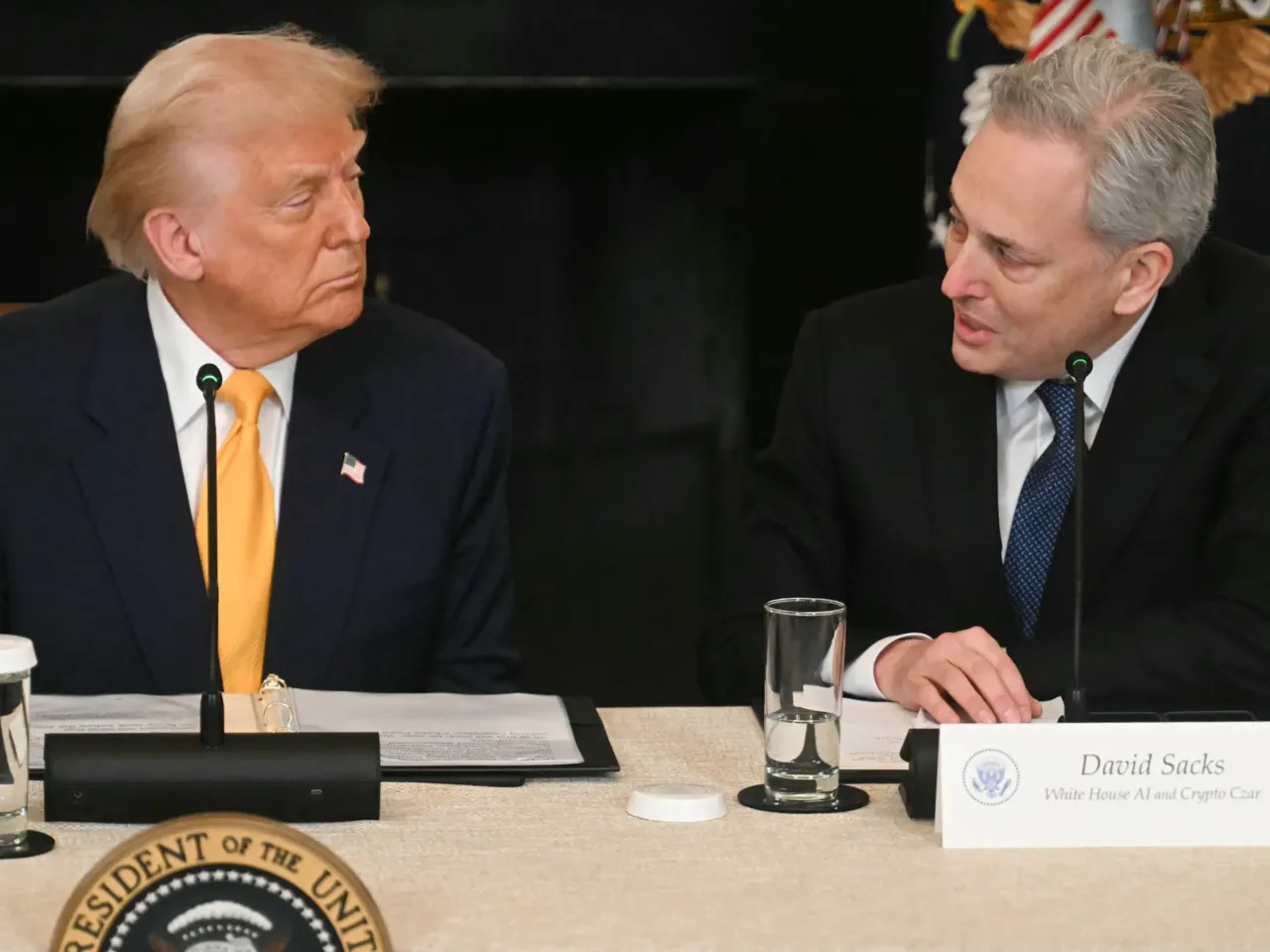 President Trump listens to David Sacks, the White House czar for AI and crypto, at a White House summit on digital assets on March 7, 2025.